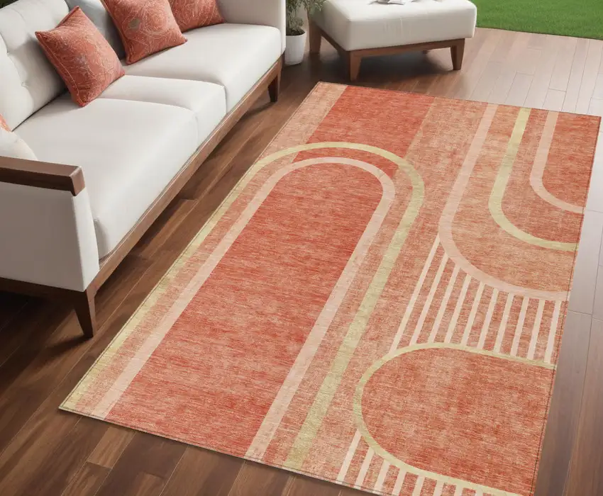 Salmon Abstract Washable Indoor Outdoor Area Rug Photo 1