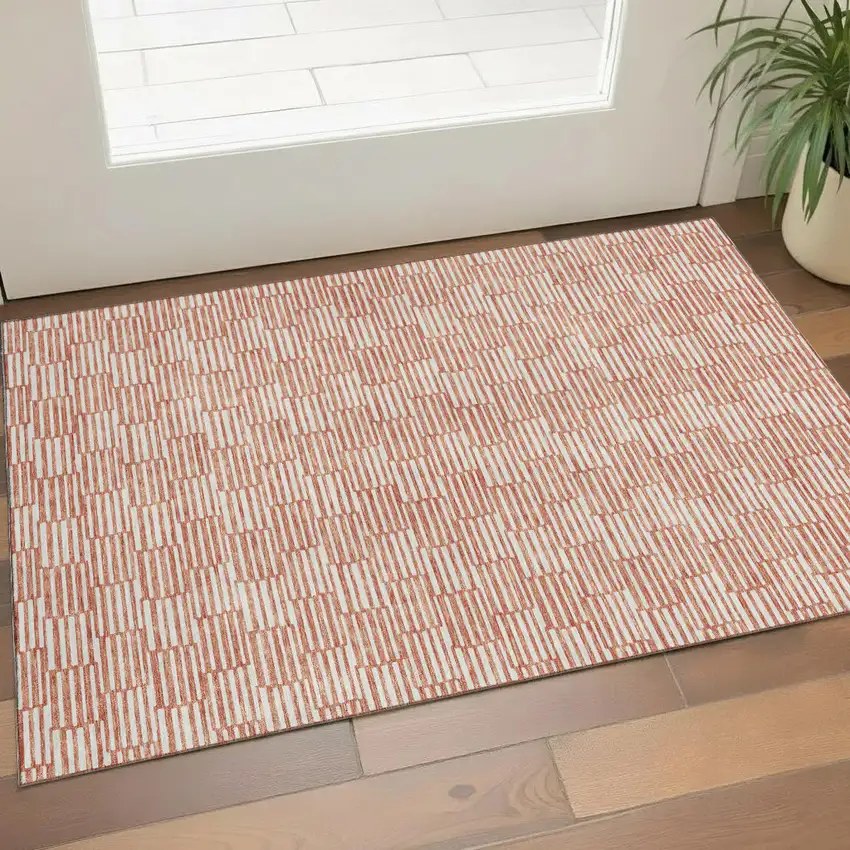 Salmon And Beige Abstract Geometric Washable Area Rug With UV Protection Photo 1