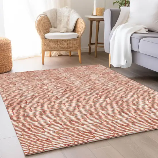 Salmon And Beige Abstract Geometric Washable Area Rug With UV Protection Photo 5