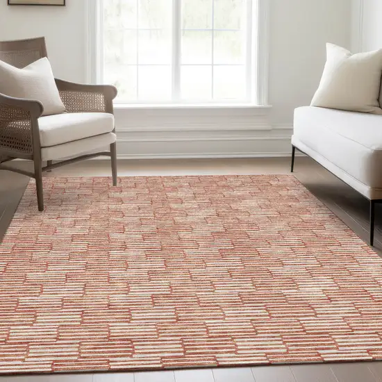 Salmon And Beige Abstract Geometric Washable Area Rug With UV Protection Photo 6
