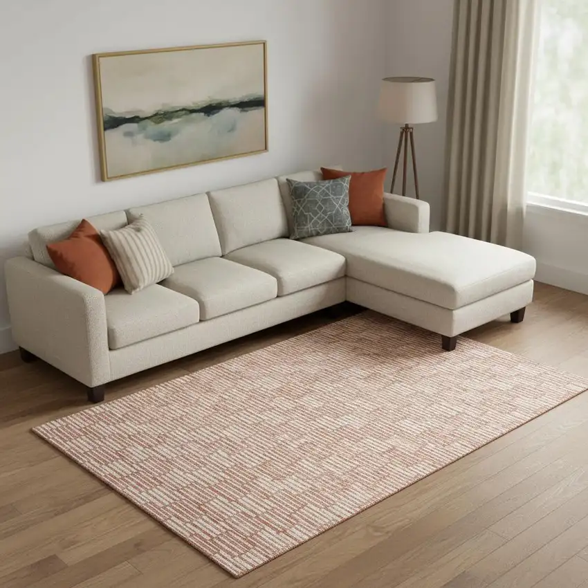 Salmon And Beige Abstract Geometric Washable Area Rug With UV Protection Photo 1