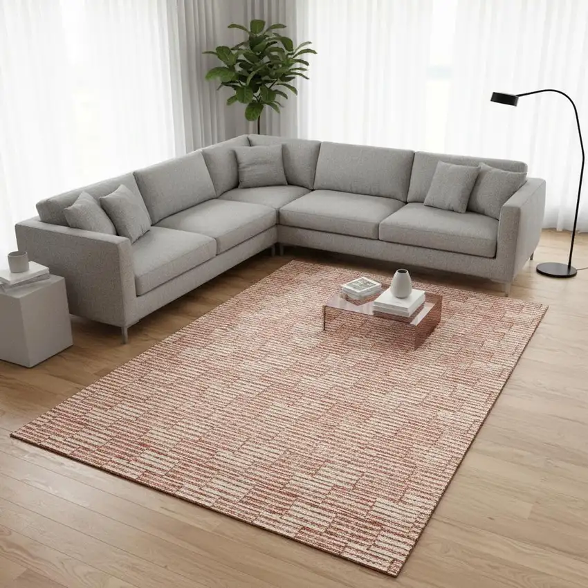 Salmon And Beige Abstract Geometric Washable Area Rug With UV Protection Photo 2