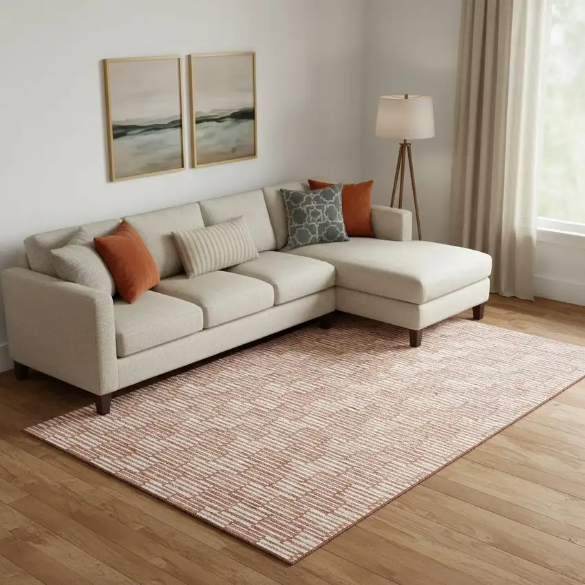 Salmon And Beige Abstract Geometric Washable Area Rug With UV Protection Photo 1