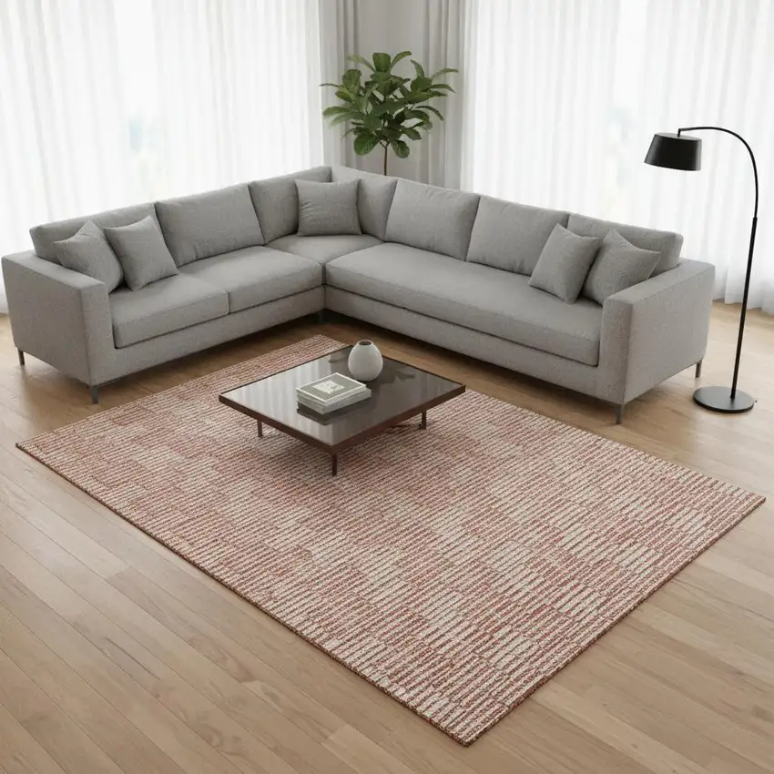 Salmon And Beige Abstract Geometric Washable Area Rug With UV Protection Photo 2