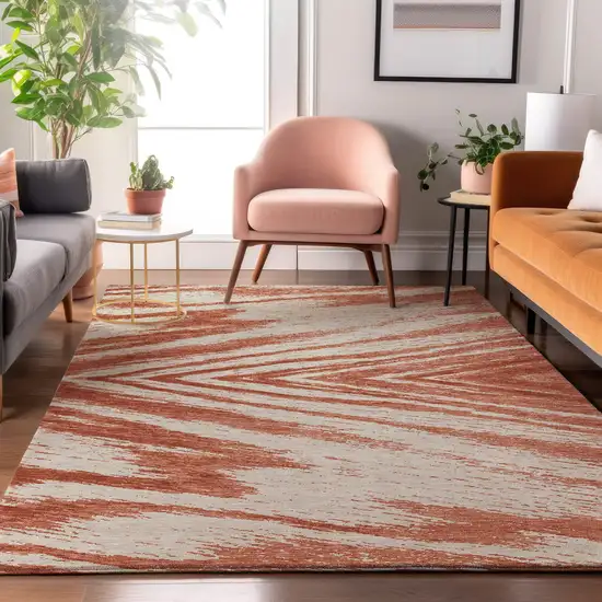Salmon And Beige Abstract Washable Area Rug With UV Protection Photo 3