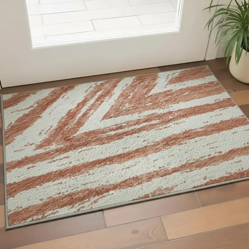 Salmon And Beige Abstract Washable Area Rug With UV Protection Photo 2
