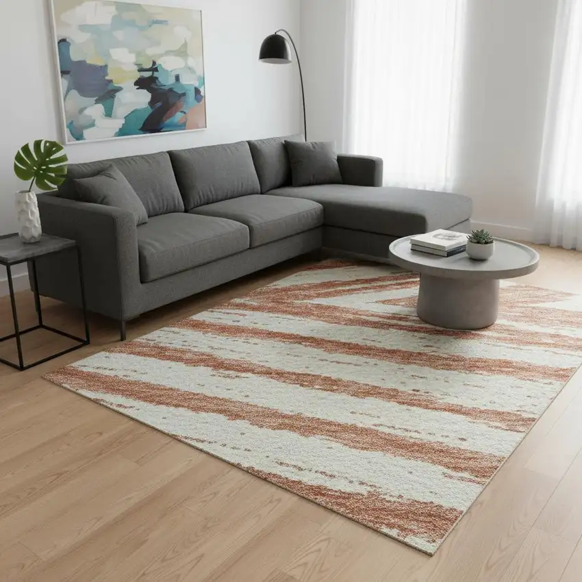 Salmon And Beige Abstract Washable Area Rug With UV Protection Photo 2