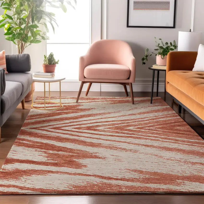 Salmon And Beige Abstract Washable Area Rug With UV Protection Photo 3