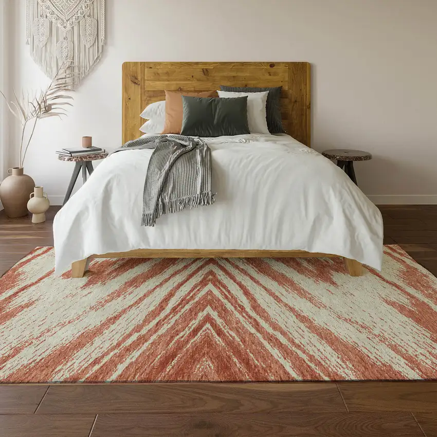 Salmon And Beige Abstract Washable Area Rug With UV Protection Photo 5