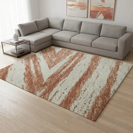 Salmon And Beige Abstract Washable Area Rug With UV Protection Photo 2