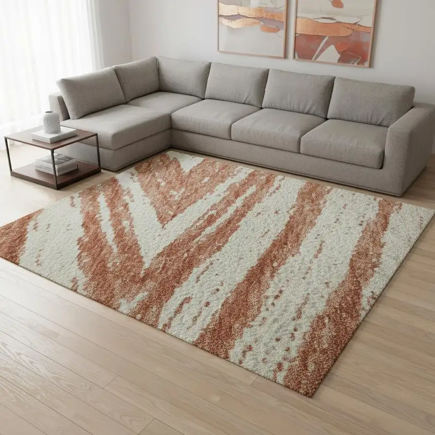Salmon And Beige Abstract Washable Area Rug With UV Protection Photo 2