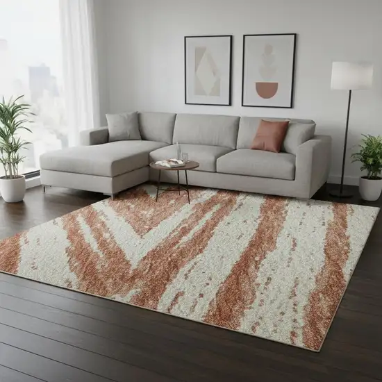 Salmon And Beige Abstract Washable Area Rug With UV Protection Photo 2