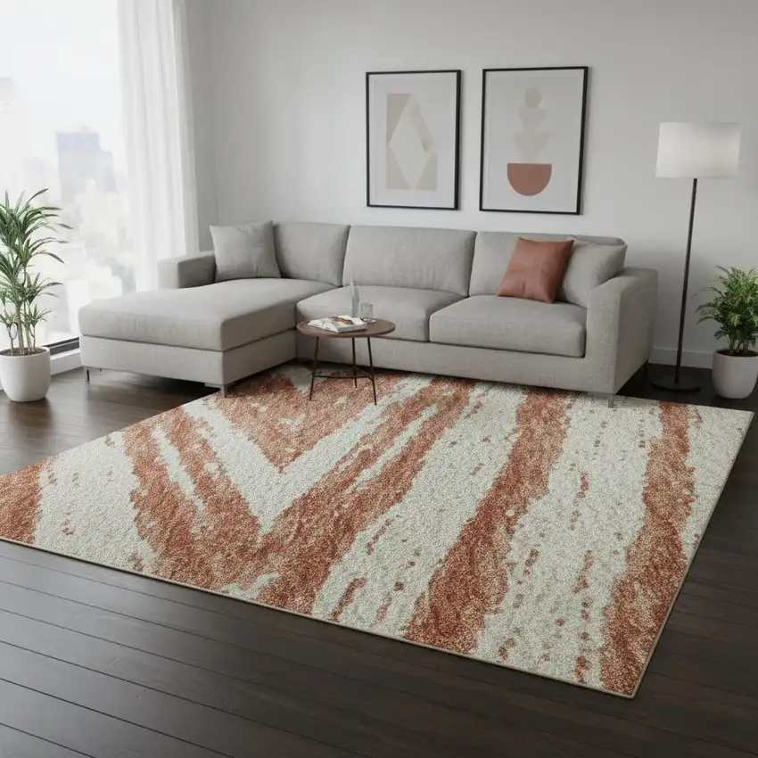 Salmon And Beige Abstract Washable Area Rug With UV Protection Photo 2