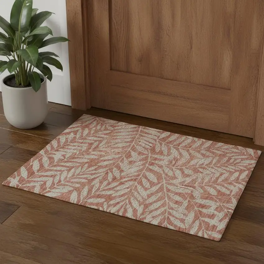 Salmon And Beige Floral Washable Area Rug With UV Protection Photo 1