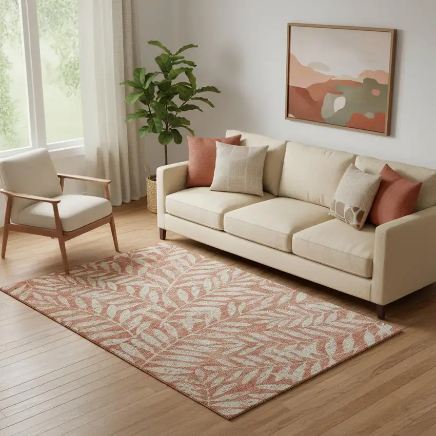 Salmon And Beige Floral Washable Area Rug With UV Protection Photo 1