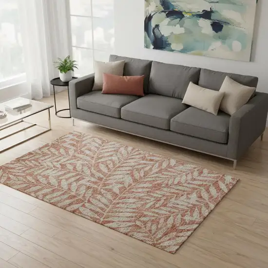 Salmon And Beige Floral Washable Area Rug With UV Protection Photo 2