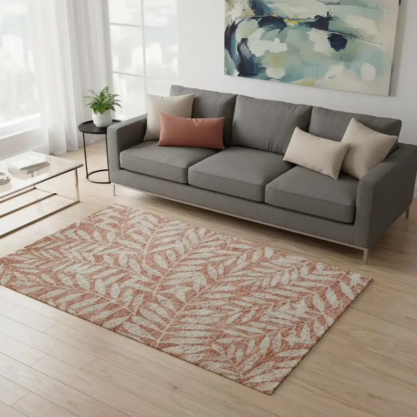 Salmon And Beige Floral Washable Area Rug With UV Protection Photo 2