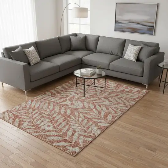 Salmon And Beige Floral Washable Area Rug With UV Protection Photo 2