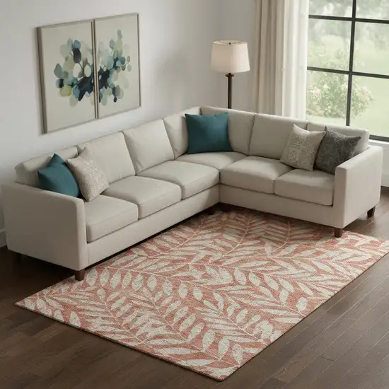 Salmon And Beige Floral Washable Area Rug With UV Protection Photo 1