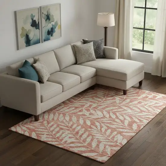 Salmon And Beige Floral Washable Area Rug With UV Protection Photo 1