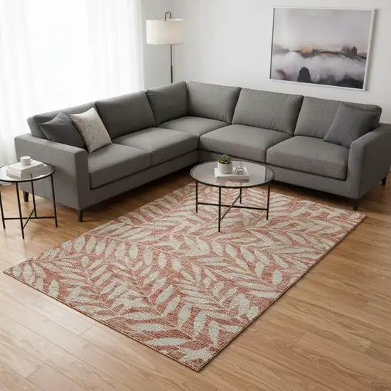 Salmon And Beige Floral Washable Area Rug With UV Protection Photo 2