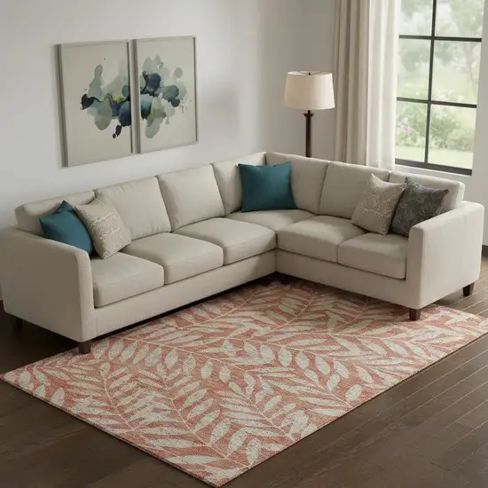 Salmon And Beige Floral Washable Area Rug With UV Protection Photo 1