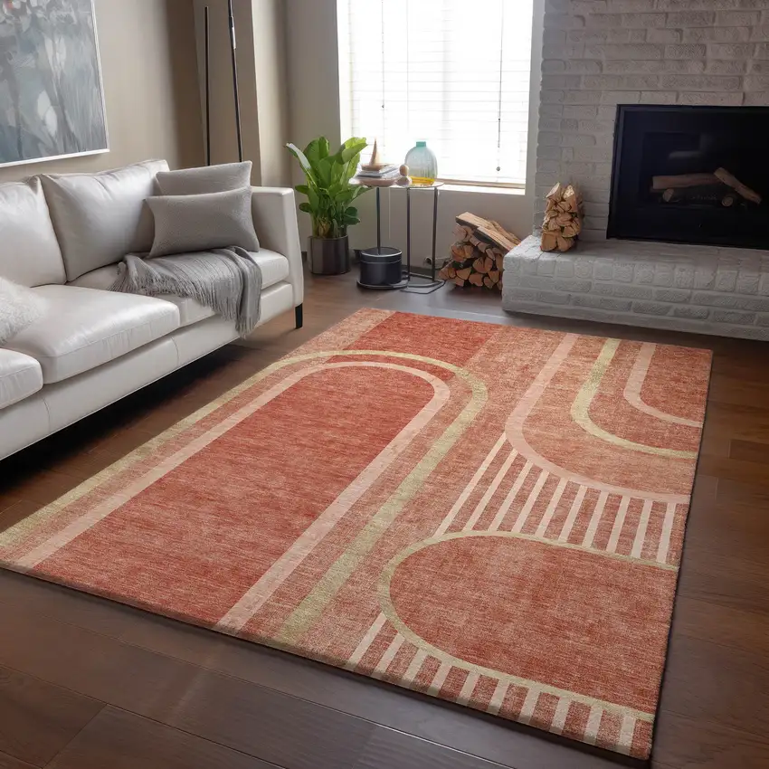 Salmon And Beige Geometric Washable Area Rug With UV Protection Photo 5