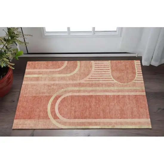Salmon And Beige Geometric Washable Area Rug With UV Protection Photo 2