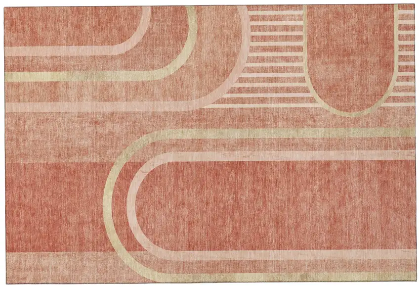 Salmon And Beige Geometric Washable Area Rug With UV Protection Photo 2