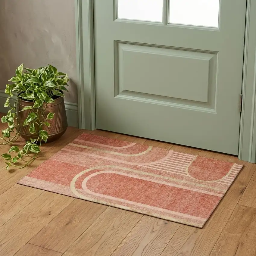 Salmon And Beige Geometric Washable Area Rug With UV Protection Photo 1