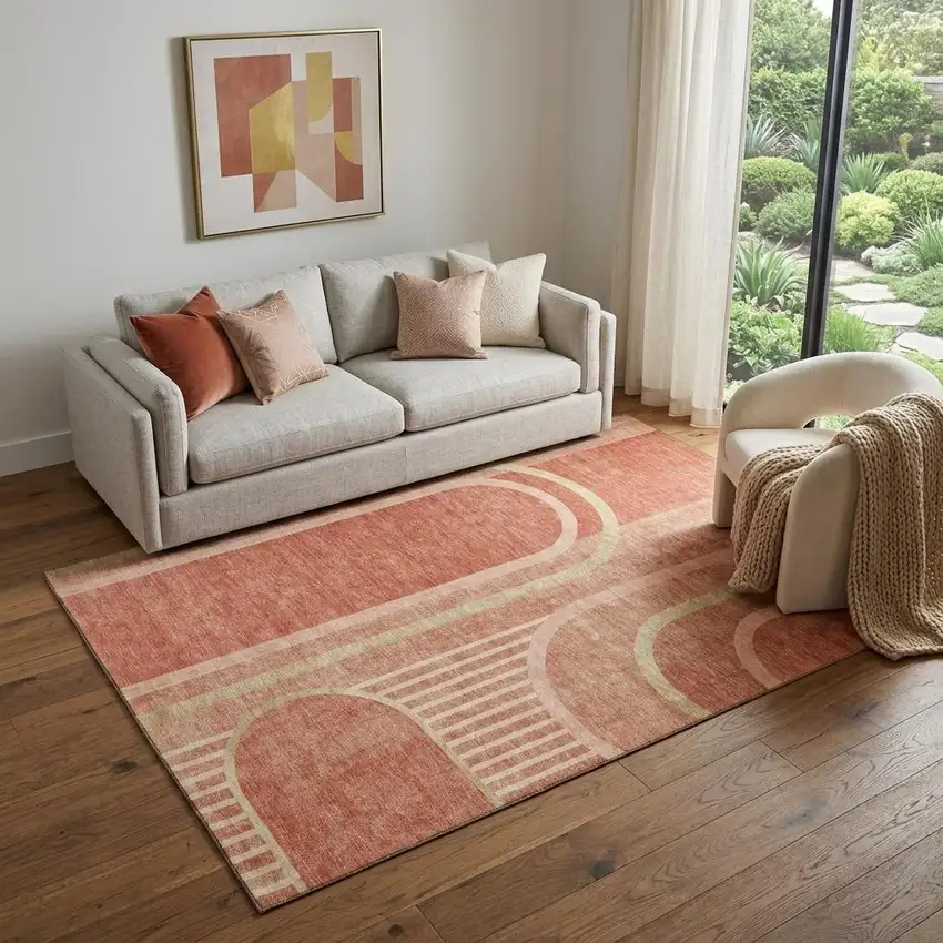 Salmon And Beige Geometric Washable Area Rug With UV Protection Photo 1
