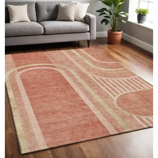 Salmon And Beige Geometric Washable Area Rug With UV Protection Photo 2