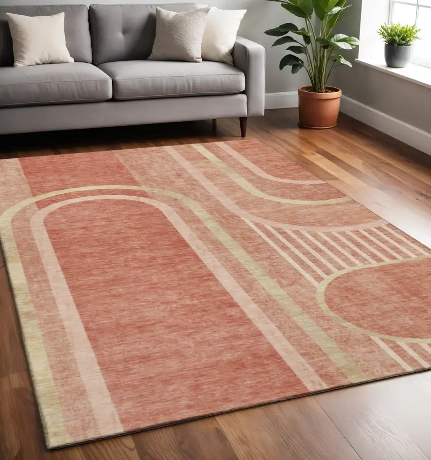 Salmon And Beige Geometric Washable Area Rug With UV Protection Photo 2
