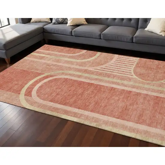 Salmon And Beige Geometric Washable Area Rug With UV Protection Photo 2