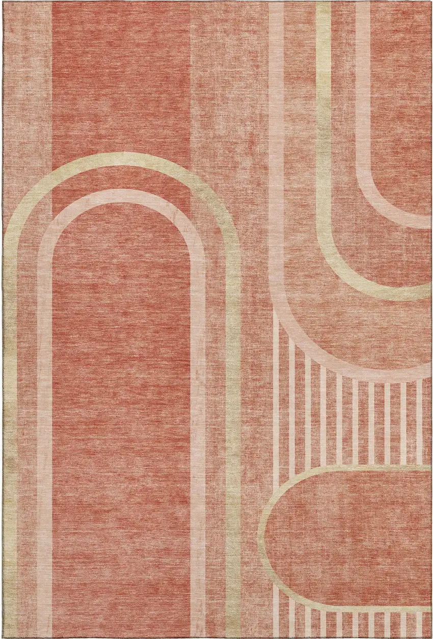 Salmon And Beige Geometric Washable Area Rug With UV Protection Photo 1