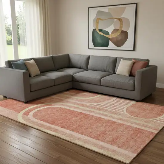 Salmon And Beige Geometric Washable Area Rug With UV Protection Photo 1