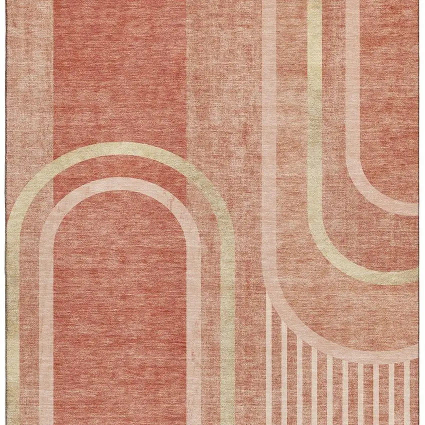 Salmon And Beige Geometric Washable Area Rug With UV Protection Photo 7