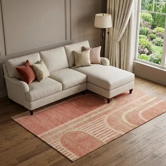 Salmon And Beige Geometric Washable Area Rug With UV Protection Photo 1