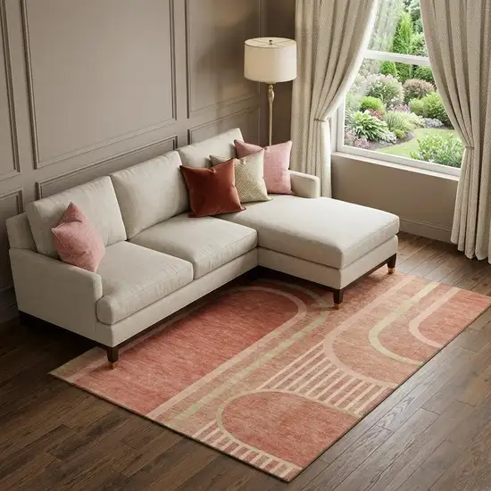 Salmon And Beige Geometric Washable Area Rug With UV Protection Photo 1