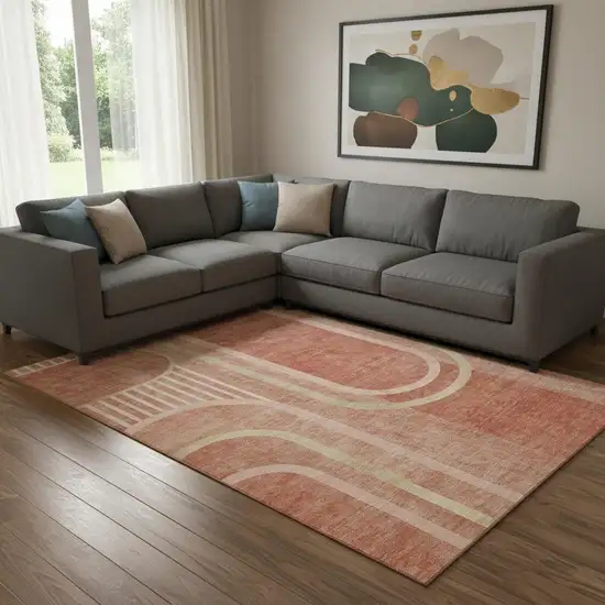 Salmon And Beige Geometric Washable Area Rug With UV Protection Photo 1