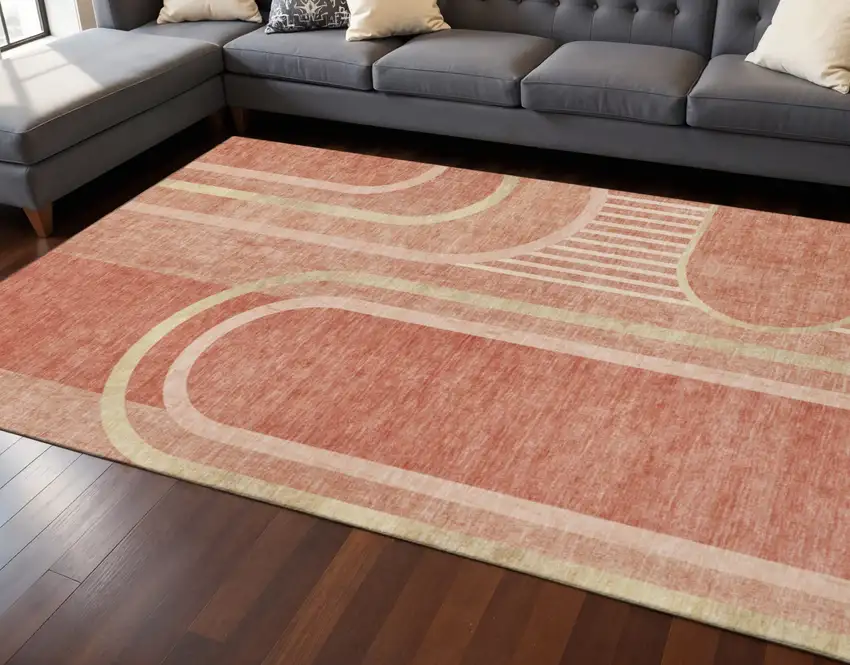 Salmon And Beige Geometric Washable Area Rug With UV Protection Photo 2