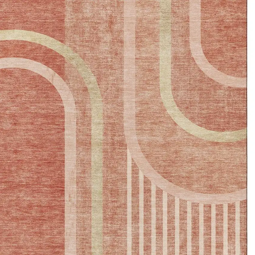 Salmon And Beige Geometric Washable Area Rug With UV Protection Photo 3