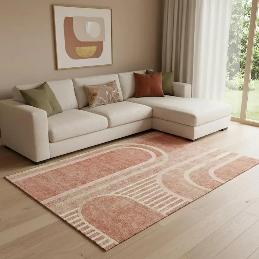 Salmon And Beige Geometric Washable Area Rug With UV Protection Photo 1