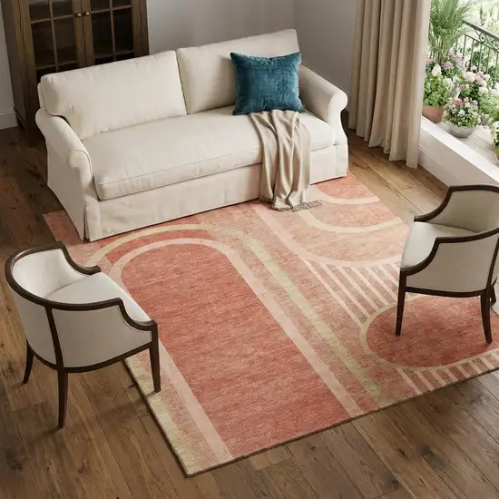 Salmon And Beige Geometric Washable Area Rug With UV Protection Photo 1