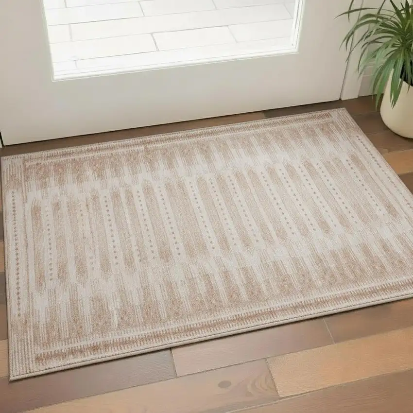 Salmon And Beige Geometric Washable Area Rug With UV Protection Photo 2
