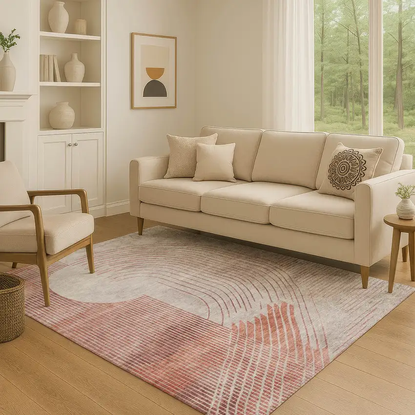 Salmon And Beige Geometric Washable Area Rug With UV Protection Photo 4