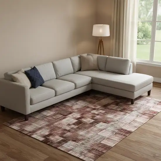 Salmon And Beige Geometric Washable Area Rug With UV Protection Photo 1