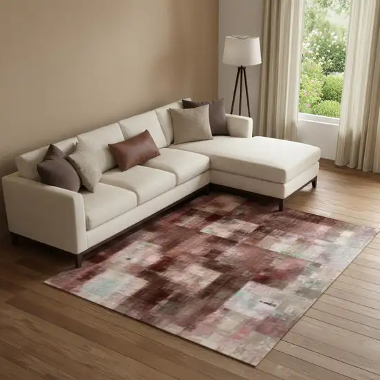 Salmon And Beige Geometric Washable Area Rug With UV Protection Photo 1