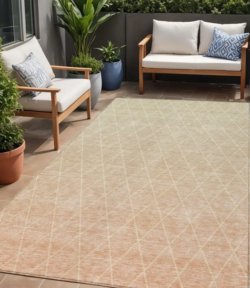 Salmon And Beige Geometric Washable Indoor Outdoor Area Rug Photo 1