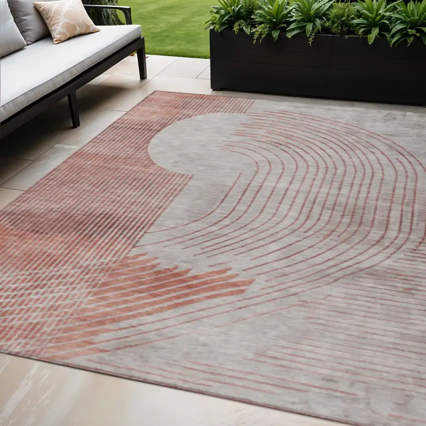 Salmon And Beige Geometric Washable Indoor Outdoor Area Rug Photo 2